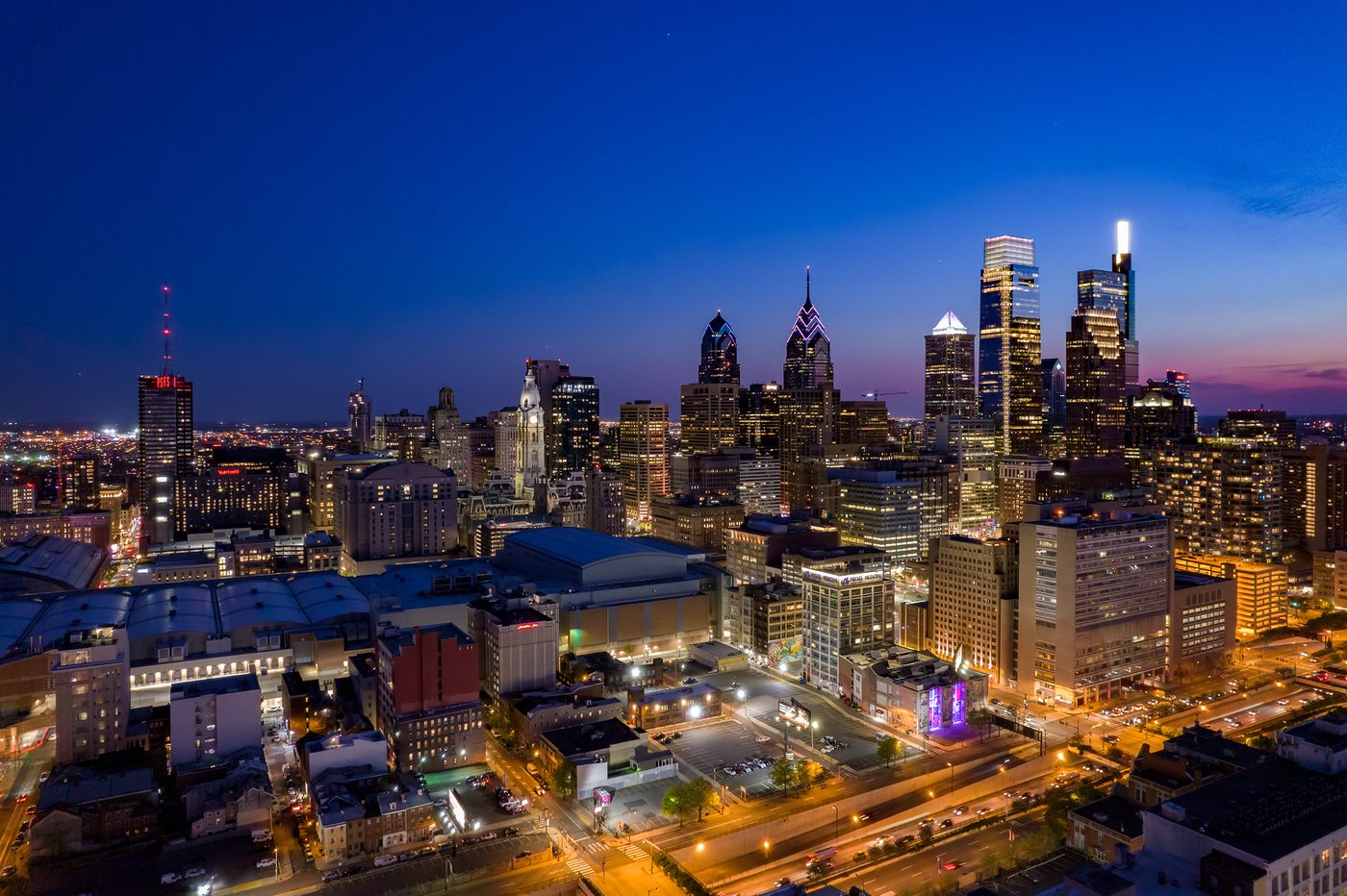 City skyline at dusk